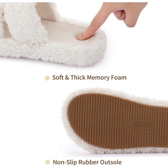 Women’s White Pluffie Arch Memory Foam Cozy Faux Fur Open Toe Slippers Shoes - Picture 4 of 6